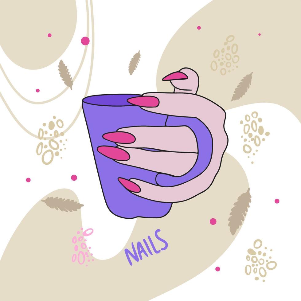 Hand holding a cup, trendy nails, manicure, nail design vector