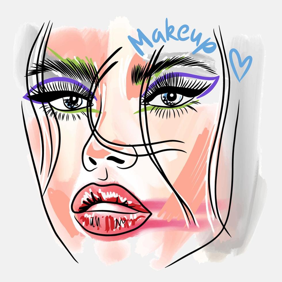 Makeup, handwritten quote. Fashion sketch of a portrait of a girl with bright makeup, big lips vector