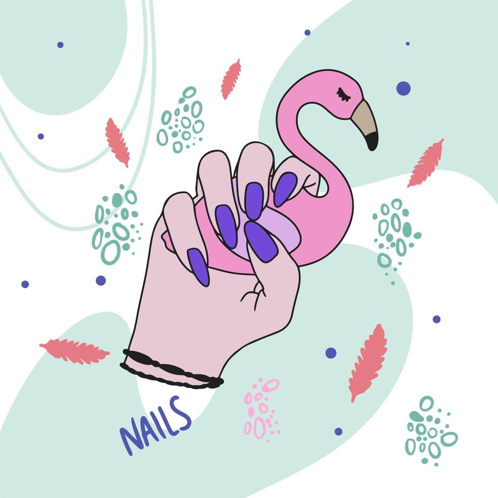 A hand with long nails holds a flamingo, trendy nails, manicure vector