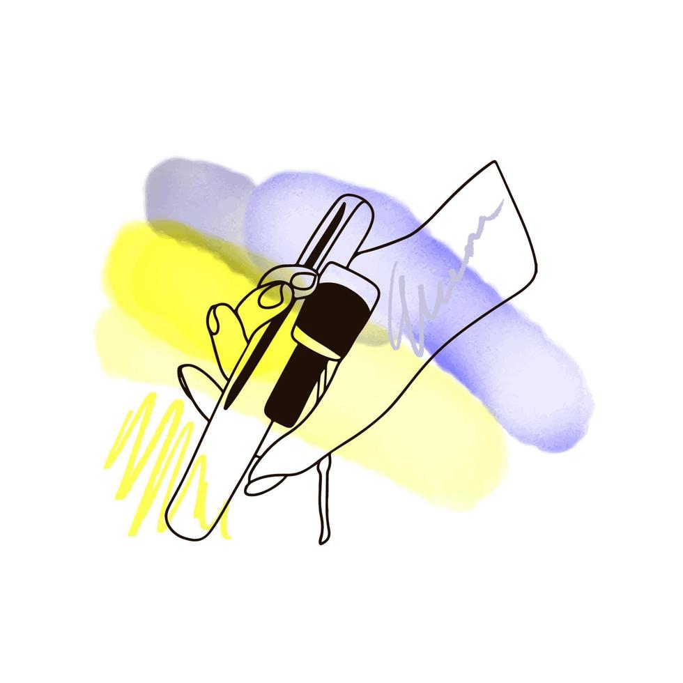 Hand holding tools, manicure, doodle style drawing on a watercolor background in blue and yellow colors vector