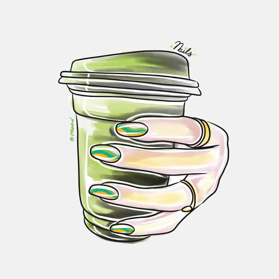 Female hand with long nails holds a glass with coffee drink, trendy nail design vector