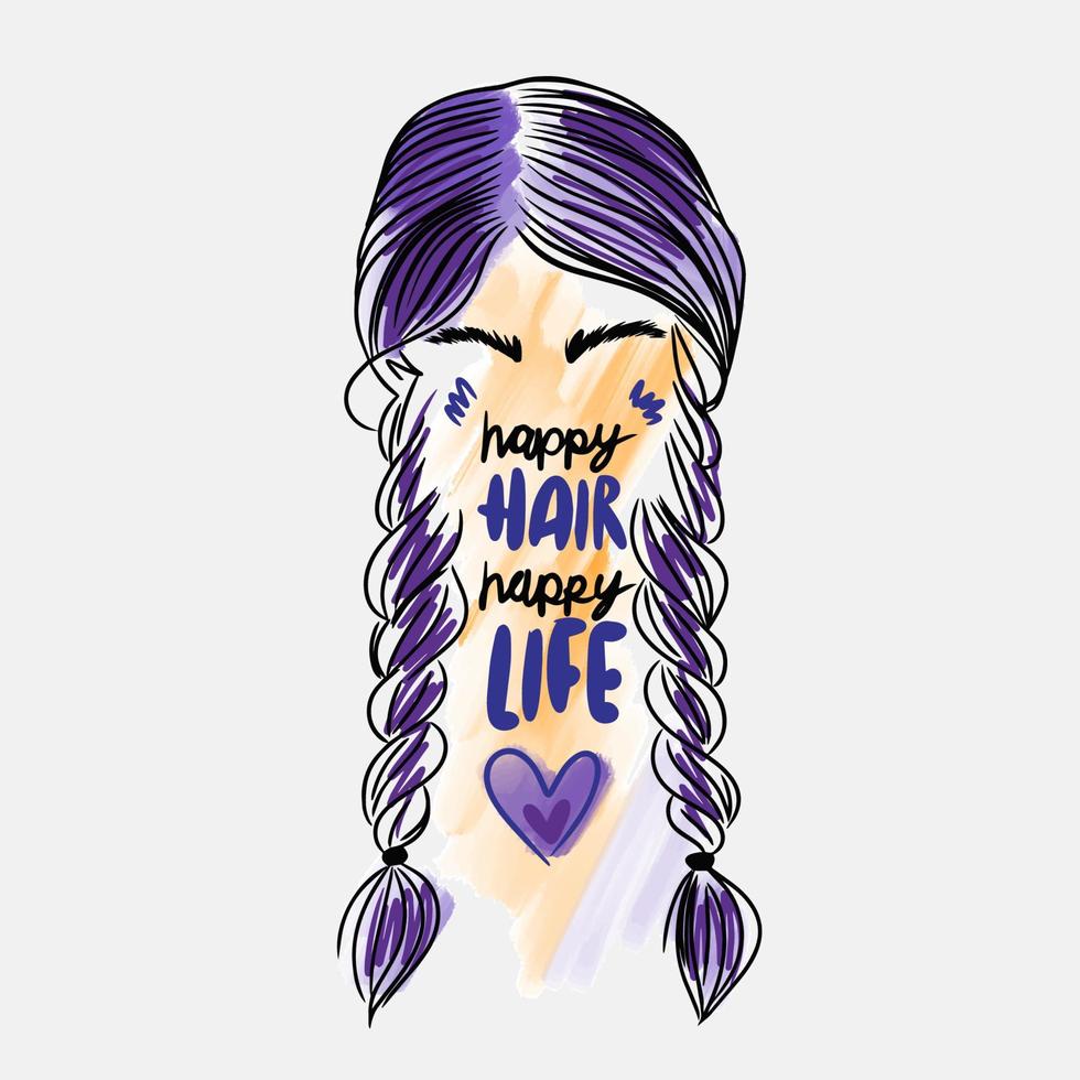 Happy hair, happy life, handwritten lettering, pigtail hairstyle, hairdresser, fashion vector