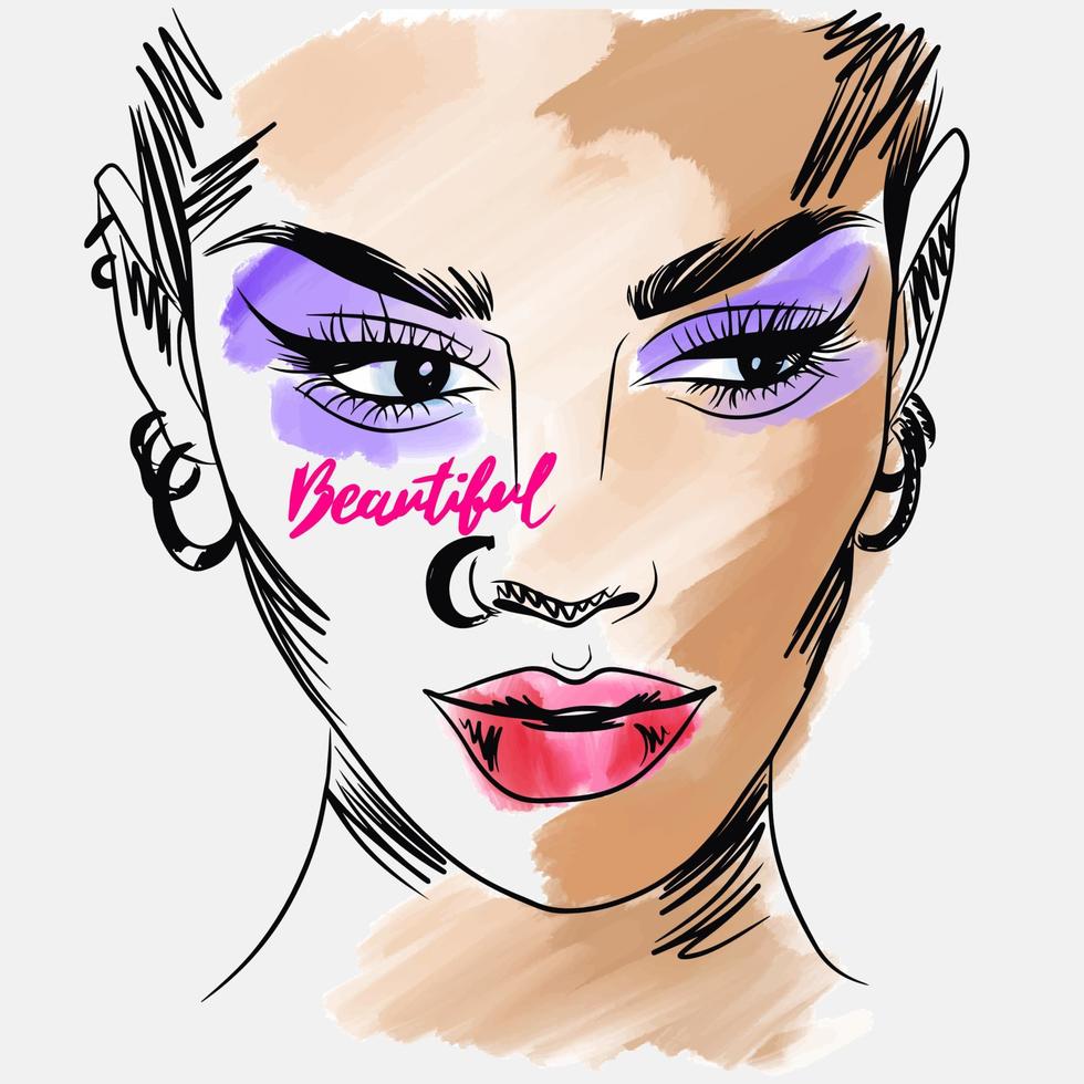 Beauty, handwritten quote. Fashion sketch of a portrait of a girl with bright makeup vector