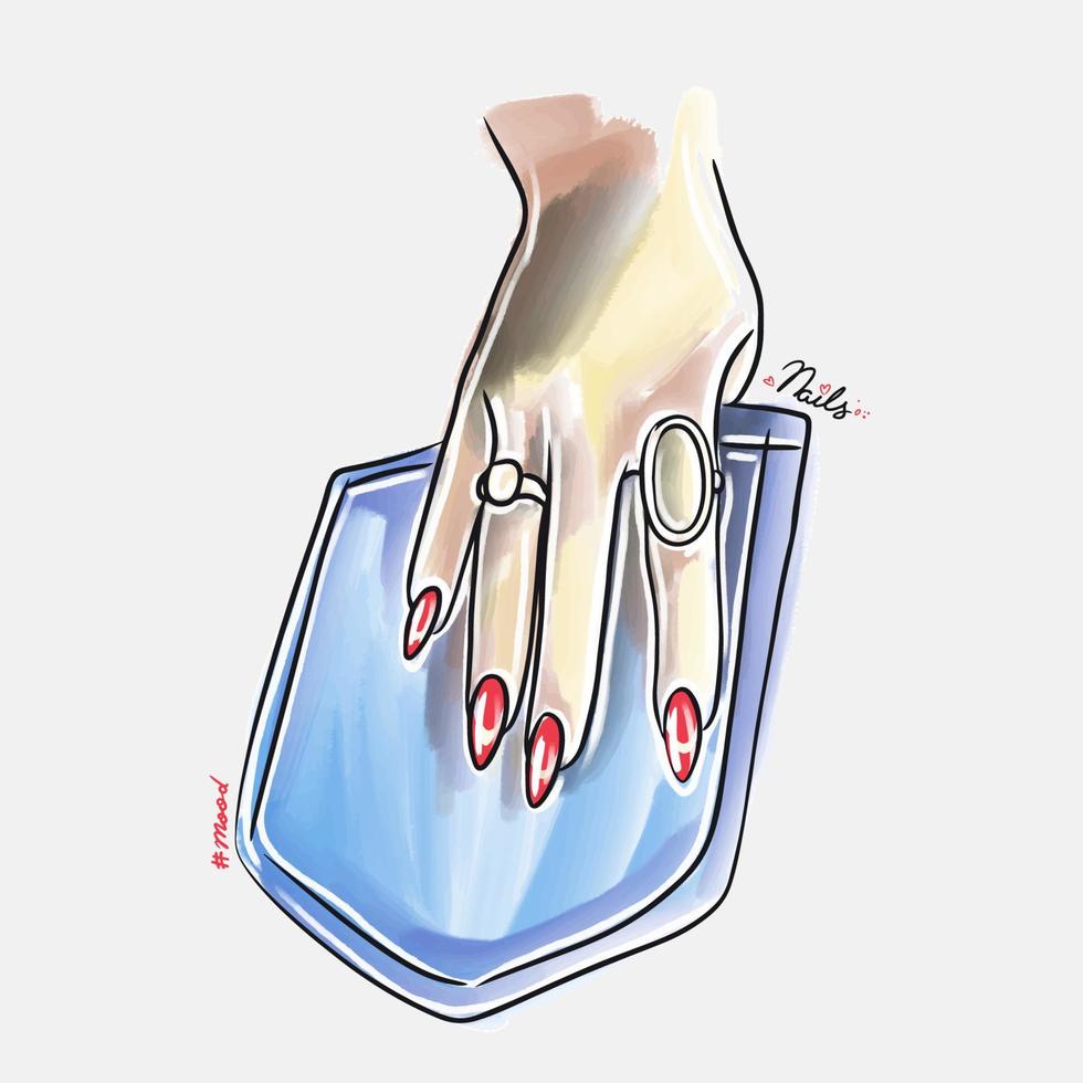 Womans hand with long nails in a jeans pocket, trendy nail design, fashion vector