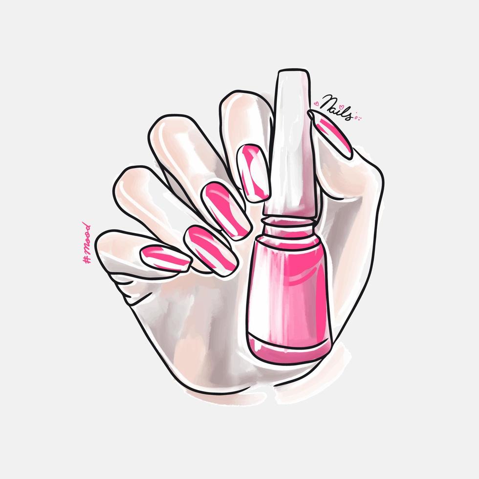 mano femenina con uñas largas sostiene esmalte de uñas, diseño de uñas de moda vector