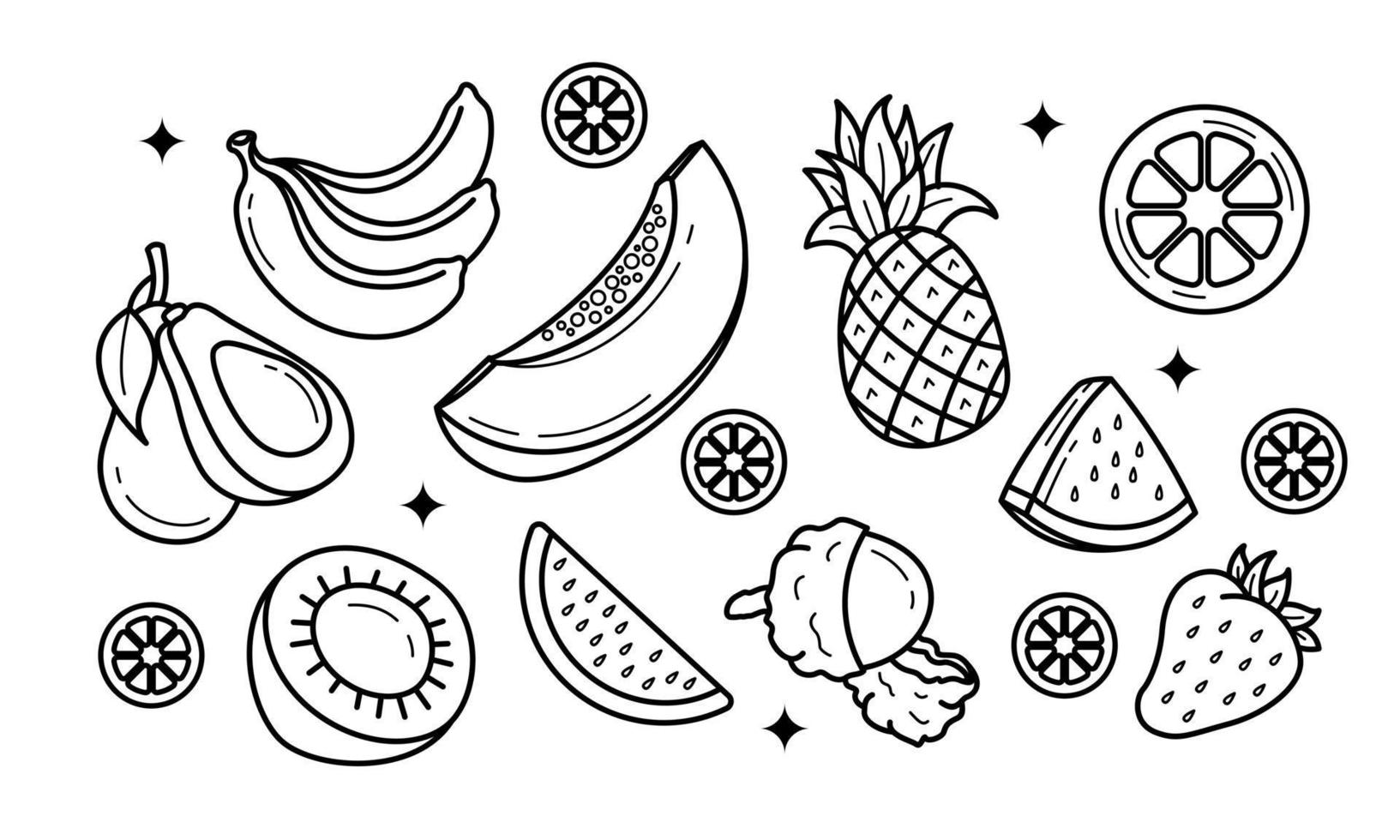 Doodle fruits. Natural tropical fruit, organic fruits or vegetarian food. Vector isolated icons