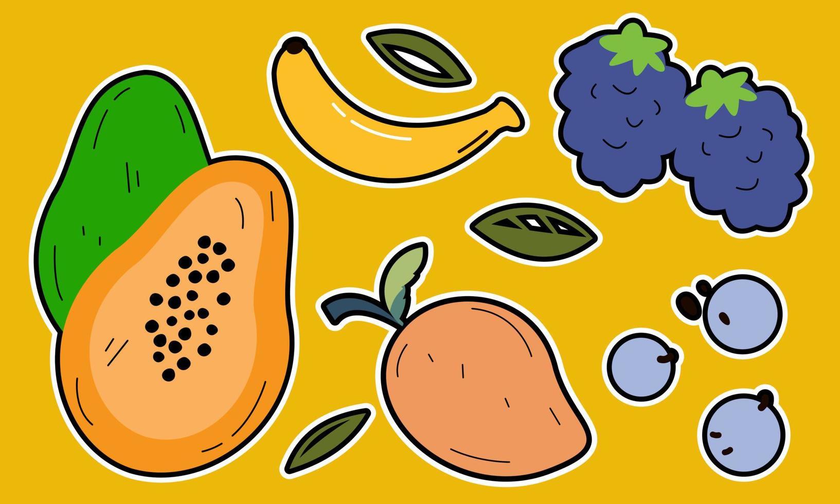 Doodle fruits. Natural tropical fruit, organic fruits or vegetarian food. Vector isolated icons