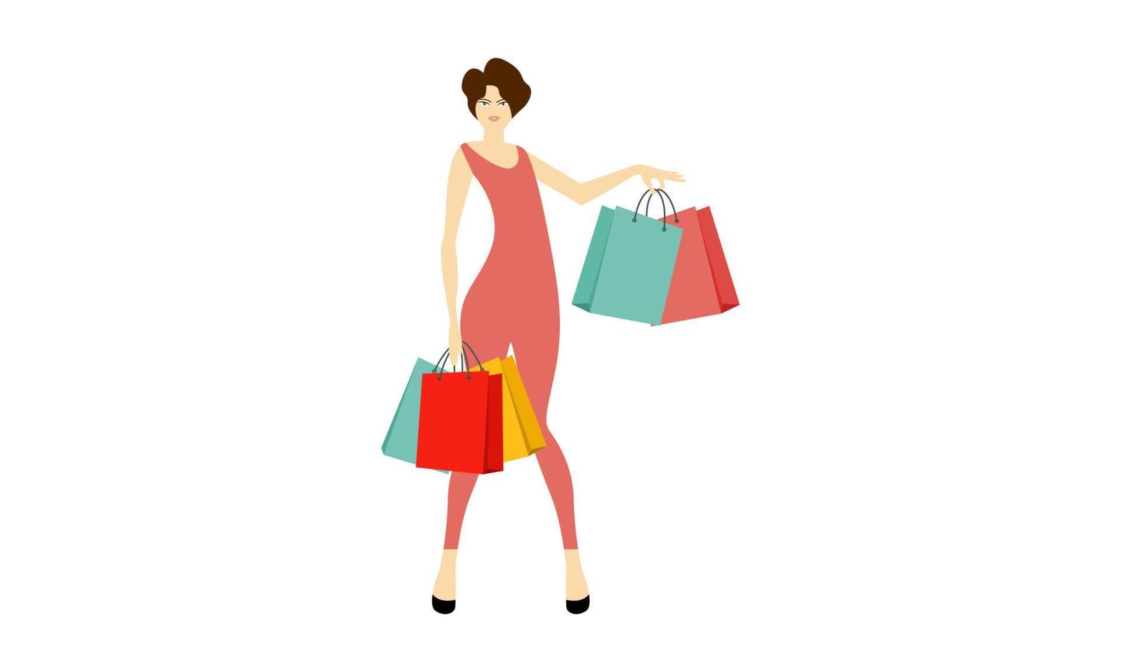 compras, mujer, tenencia, bolsas, ilustración, logotipo, vector