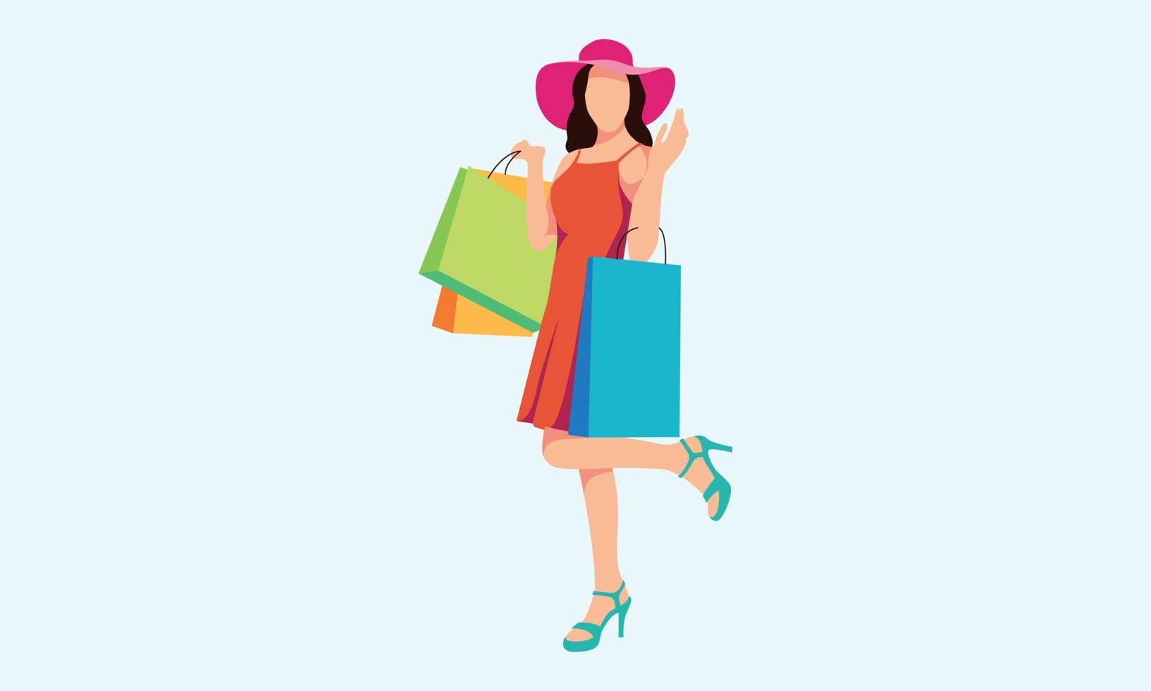 compras, mujer, tenencia, bolsas, ilustración, logotipo, vector