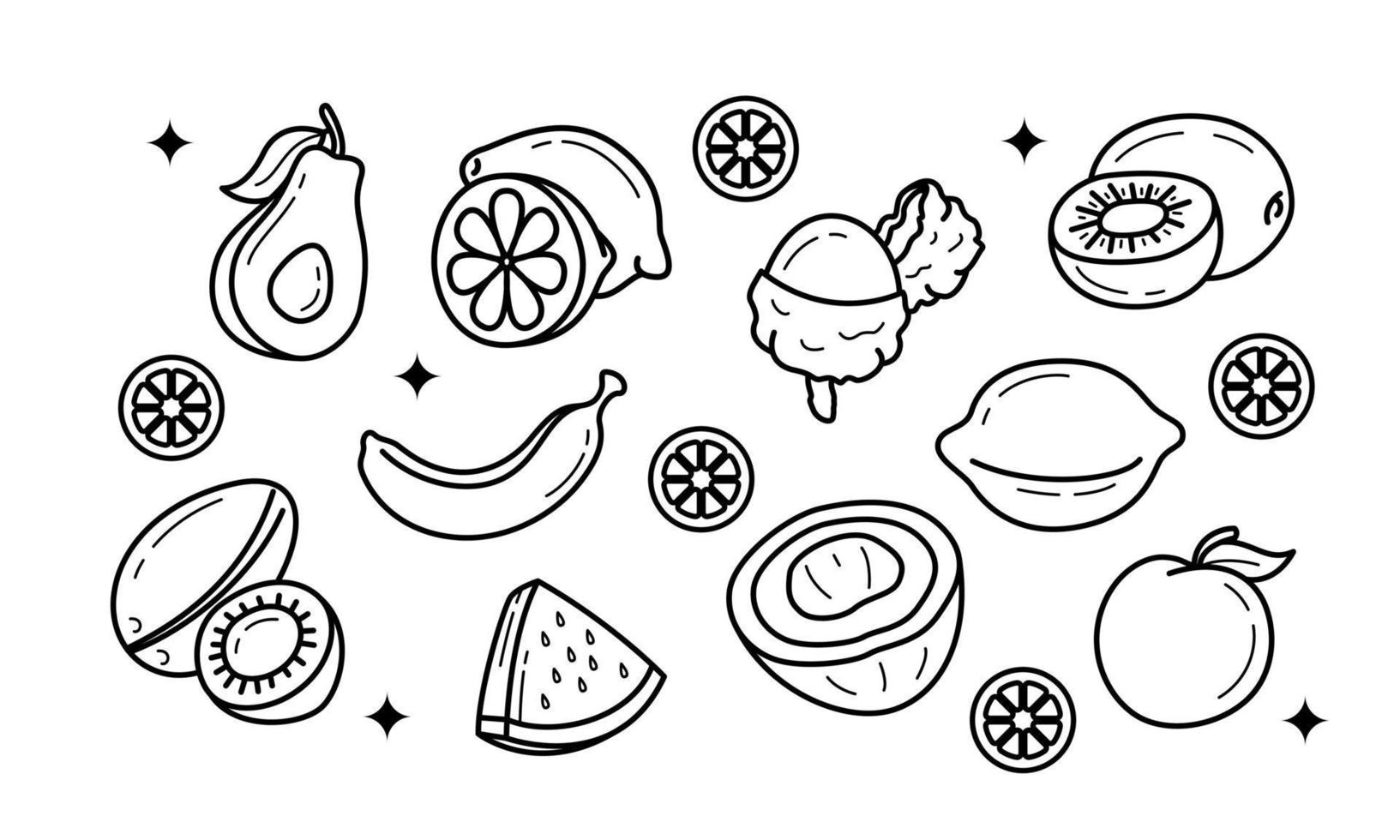 Doodle fruits. Natural tropical fruit, organic fruits or vegetarian food. Vector isolated icons