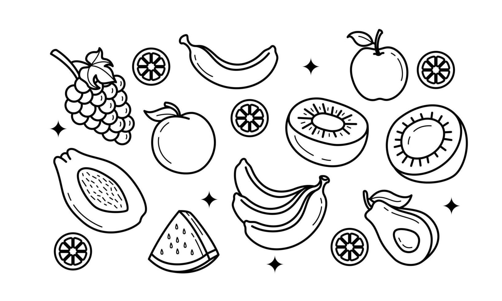 Doodle fruits. Natural tropical fruit, organic fruits or vegetarian food. Vector isolated icons