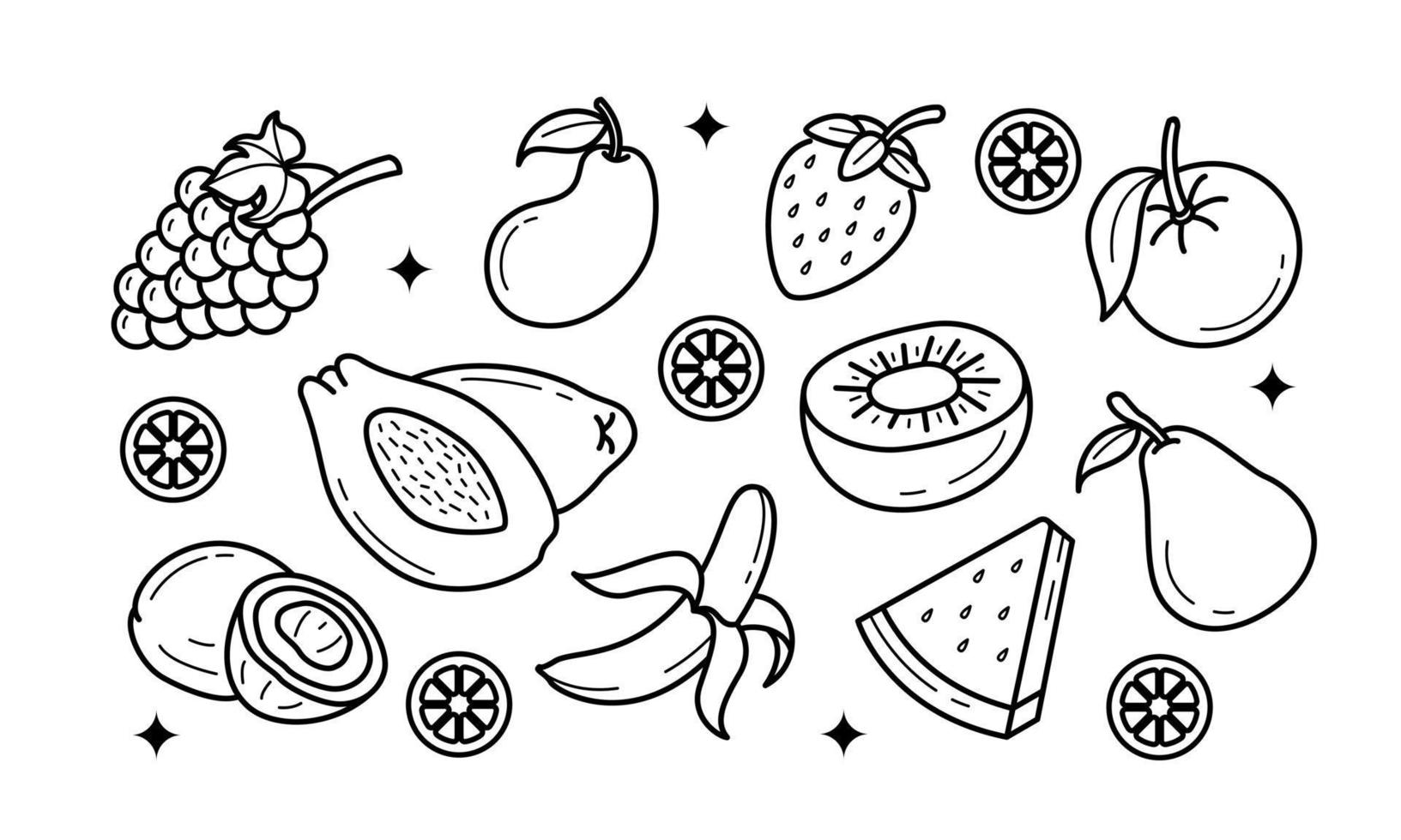 Doodle fruits. Natural tropical fruit, organic fruits or vegetarian food. Vector isolated icons