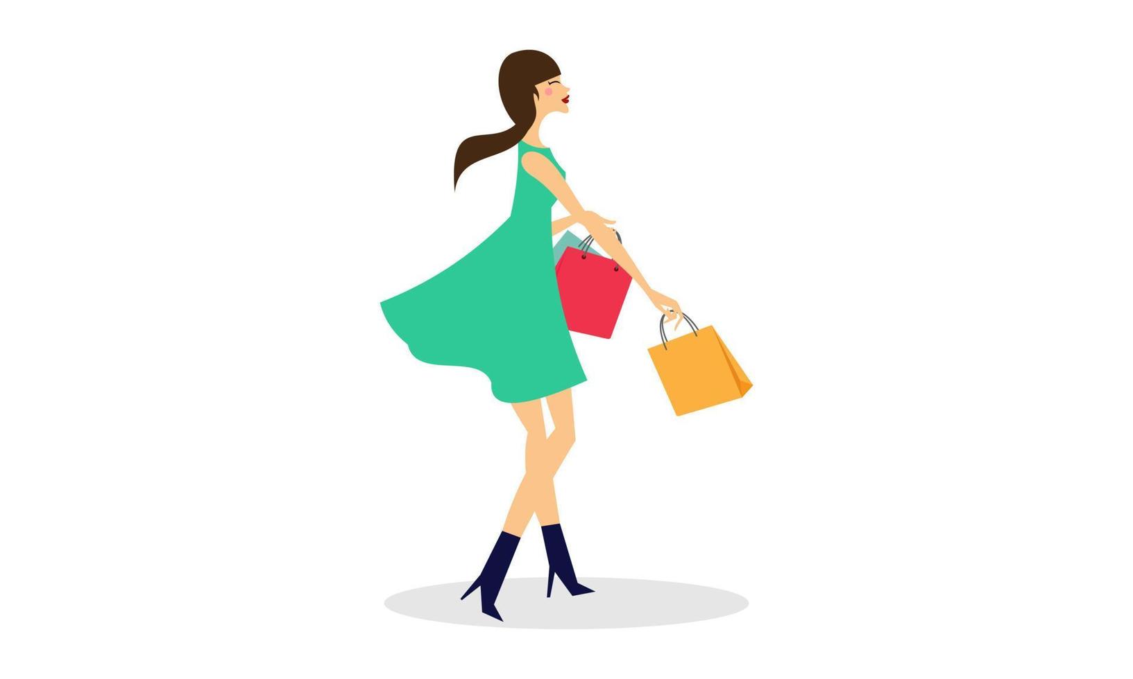 compras, mujer, tenencia, bolsas, ilustración, logotipo, vector