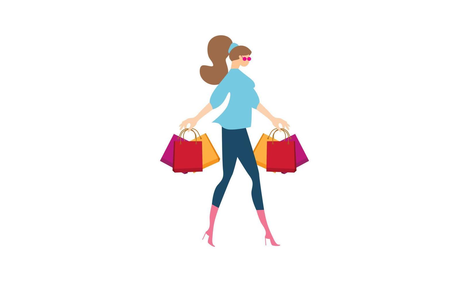 compras, mujer, tenencia, bolsas, ilustración, logotipo, vector