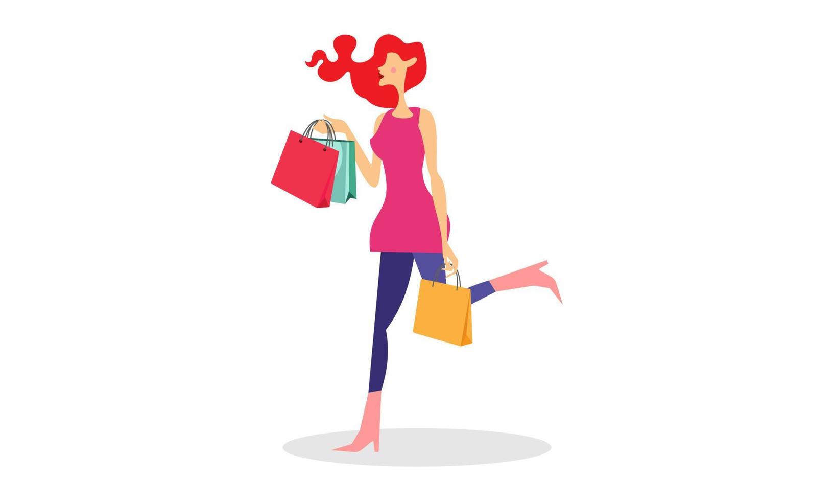 compras, mujer, tenencia, bolsas, ilustración, logotipo, vector