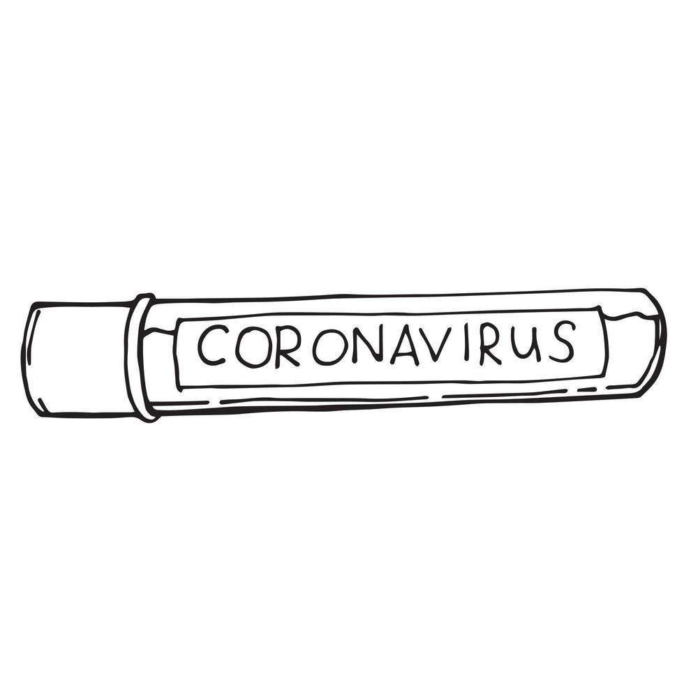dibujo de ilustración vectorial de stock en estilo garabato. tubo de ensayo con un análisis de sangre positivo para un nuevo coronavirus de rápida propagación que apareció en wuhan, china vector