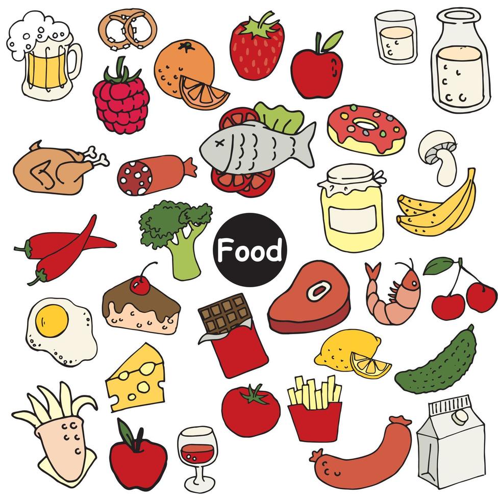 ilustración vectorial en estilo garabato, dibujos animados. conjunto de  alimentos. lindos iconos de colores de carne, leche, verduras y frutas,  bayas, comida rápida aislada en fondo blanco. 9922248 Vector en Vecteezy