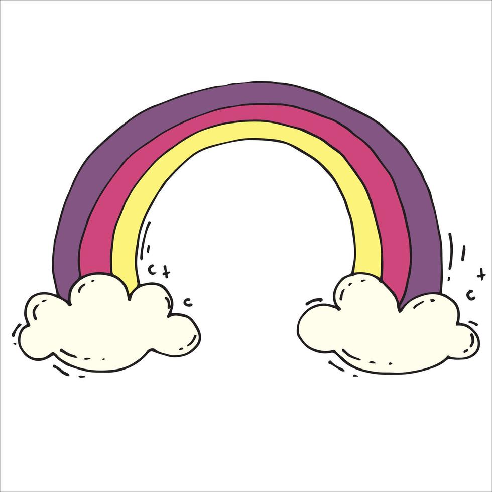 Vector illustration in doodle style, cartoon, flat. bloom rainbow and clouds. cute drawing for children, graphic design element for cards, wallpapers, textiles, wrapping paper. isolated on white back