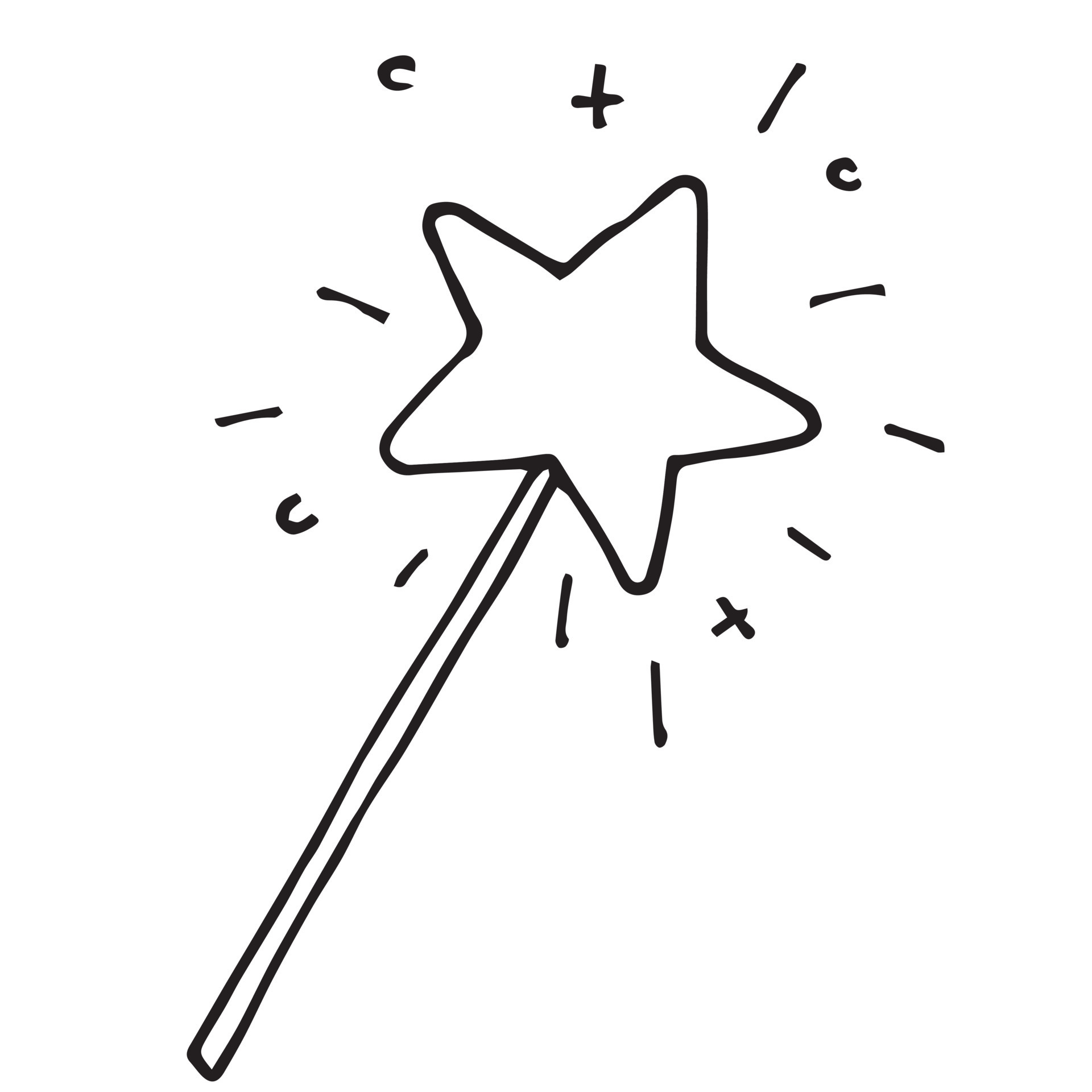 Vector illustration in doodle, flat, cartoon style. Magic wand. A simple  cute drawing for children, a magic wand with a star on the end for little  princesses. isolated on a white background.
