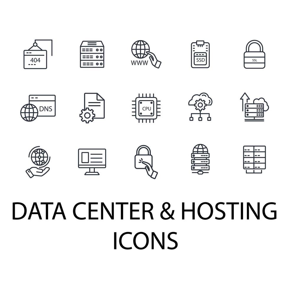 conjunto de iconos de centro de datos y alojamiento. centro de datos y elementos de vector de símbolo de paquete de alojamiento para web infográfico