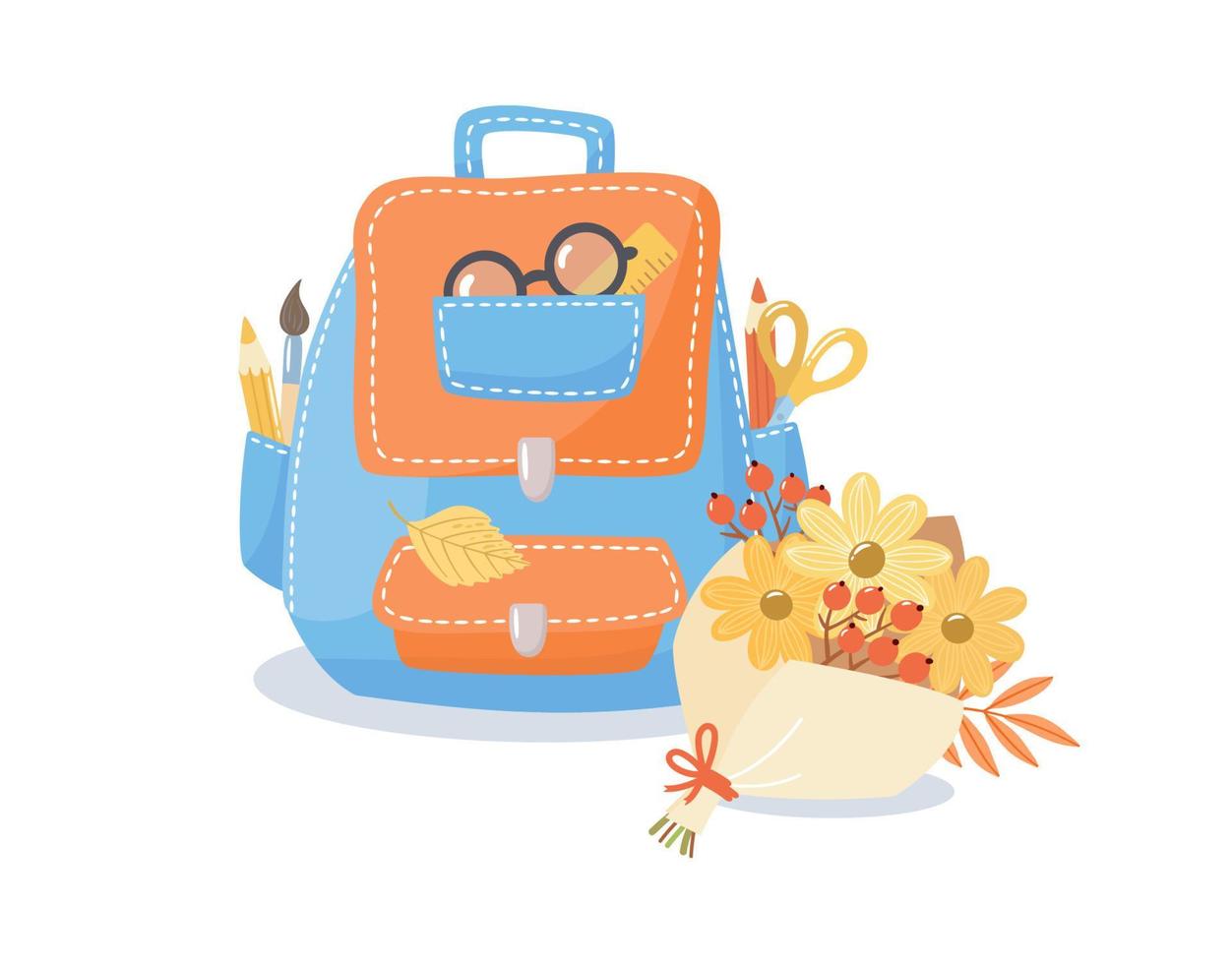 mochila escolar con papelería en estilo de dibujos animados vector