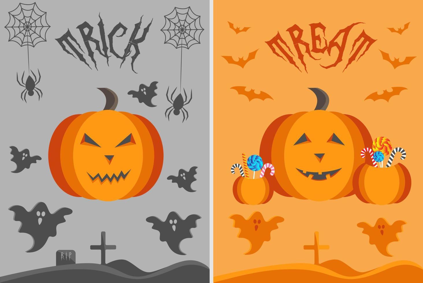 cartel de truco o trato de halloween con calabazas y piruletas vector