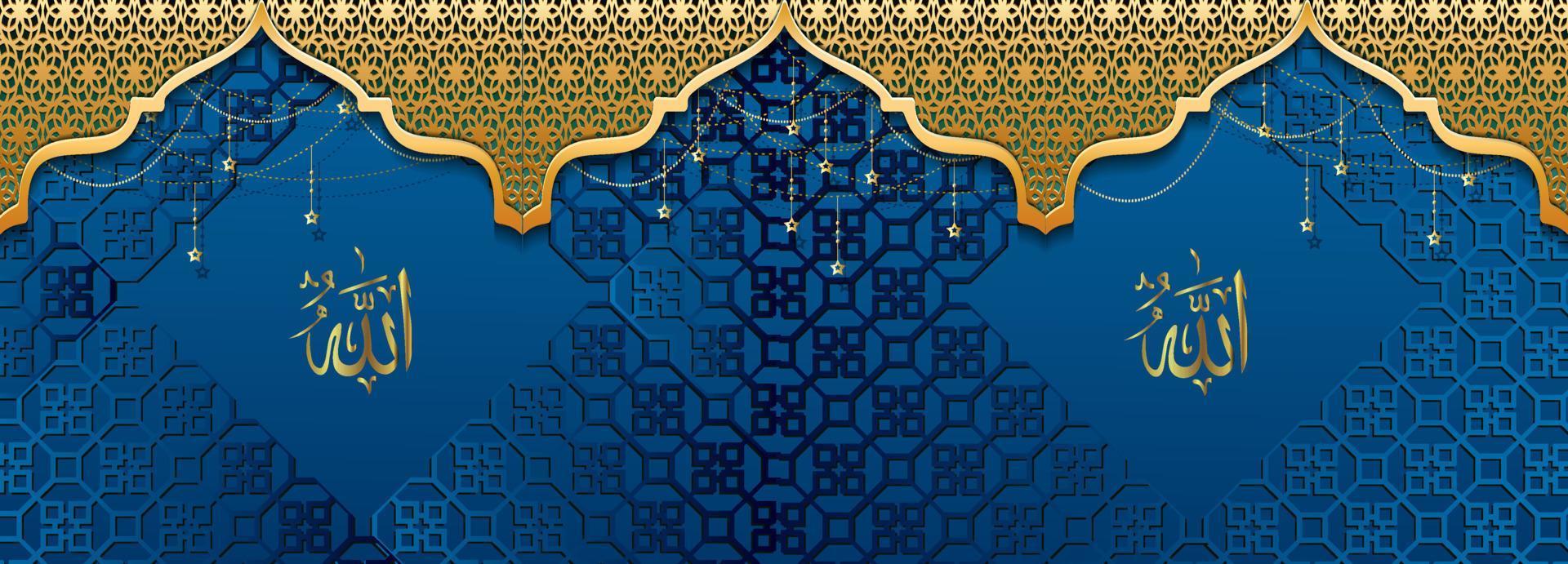 Arabic background with golden ornament border pattern and blue color vector