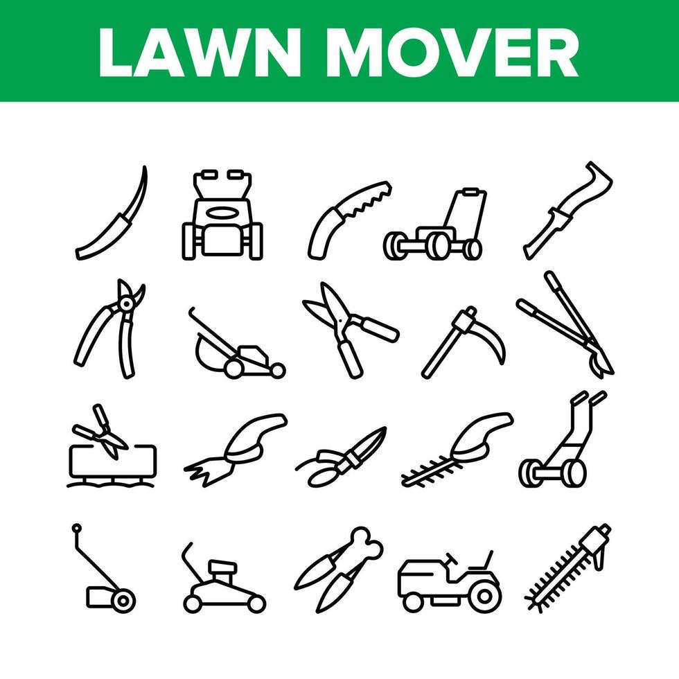 Lawn Mover Equipment Collection Icons Set Vector