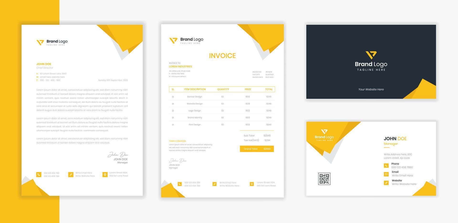 Yellow Corporate Stationery design set with letterhead, invoice and business card vector