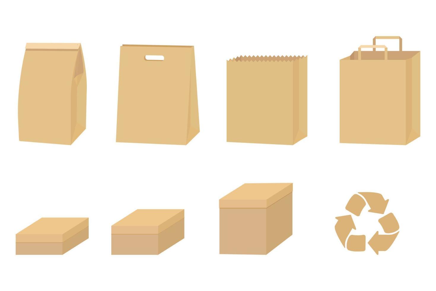 Set of cardboard packaging isolated on white. Recycled Paper box and bag Vector illustration