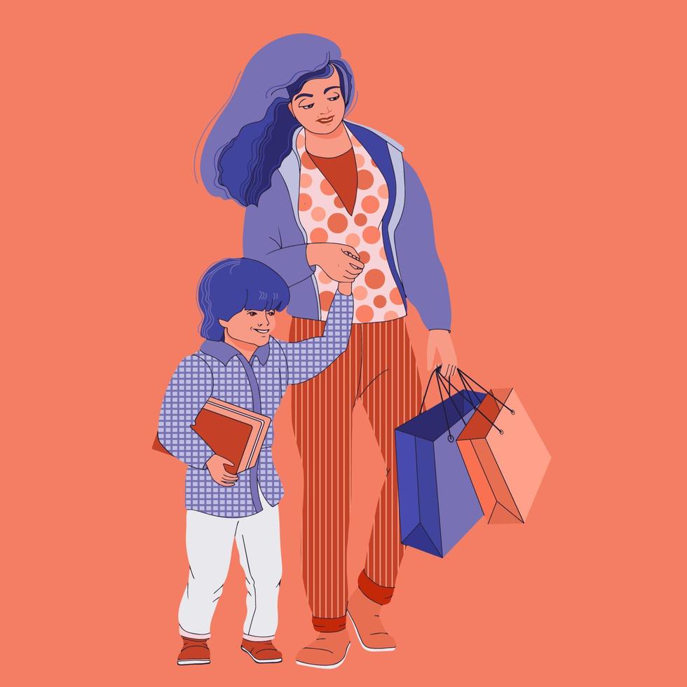 Family with purchases. Mother with son hold shopper bags. Vector. vector