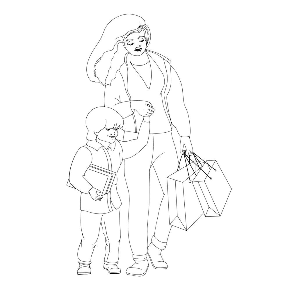 Family with purchases. Mother with son hold shopper bags. Vector. vector