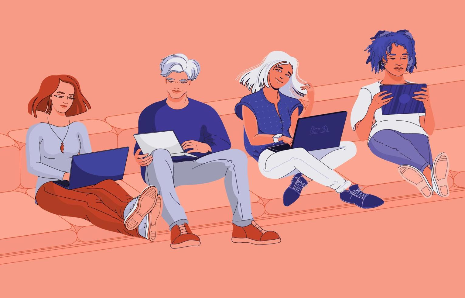 PrintStudents with their laptops. Distance studying. Vector flat illustration.