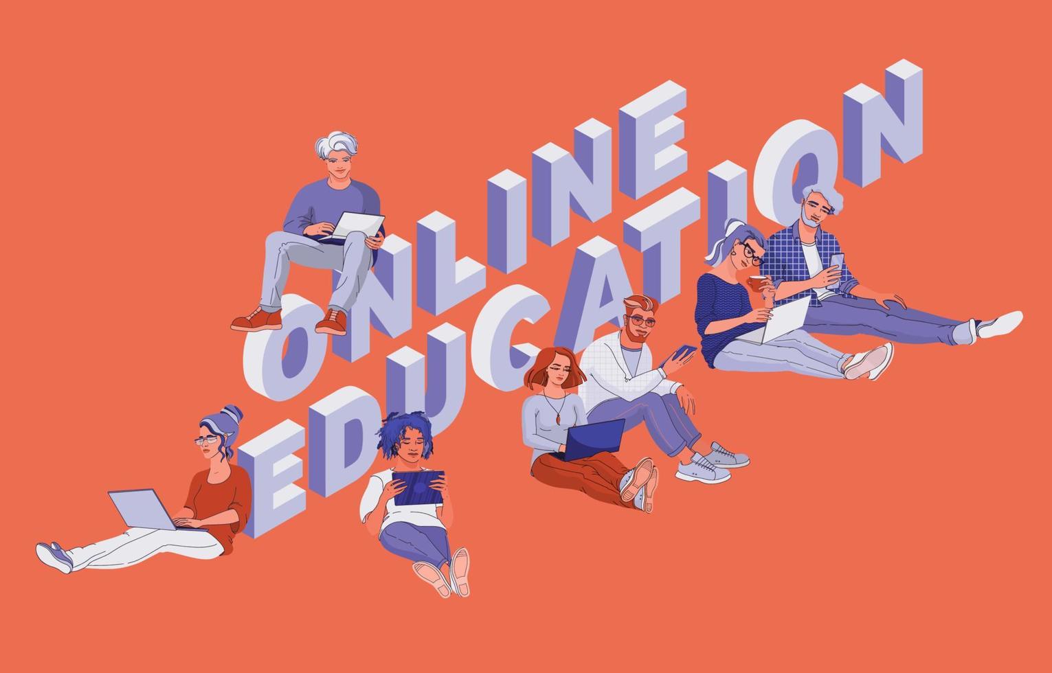Student study on their devices. Distance studying. Vector flat illustration.