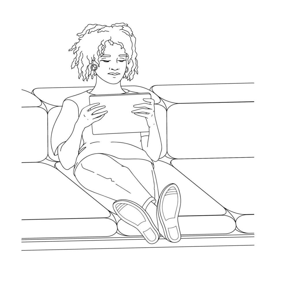 Young woman sitting on the sofa, using digital tablet. Vector. vector