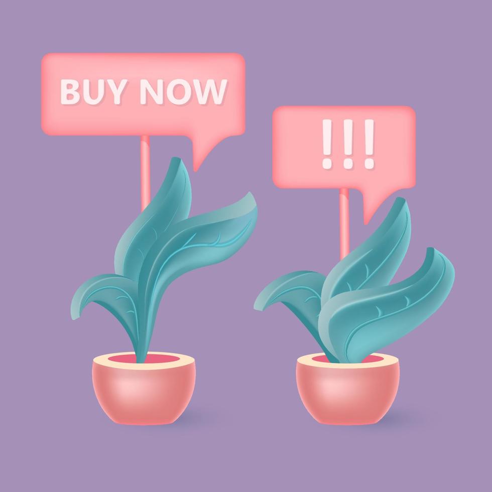 plantas 3d en macetas con carteles de compras. ilustraciones vectoriales de dibujos animados. vector