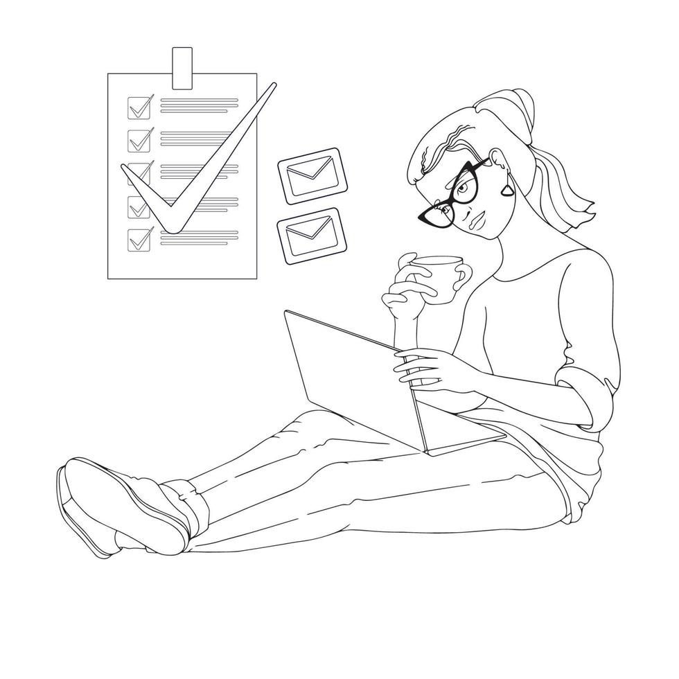 Line drawing young woman is sitting and holding a laptop. Vector. vector