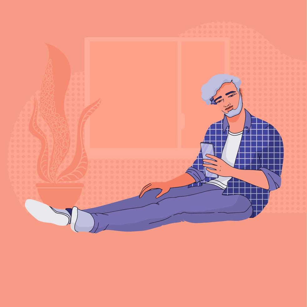 Young man sitting and using his smartphone. Vector flat illustration.