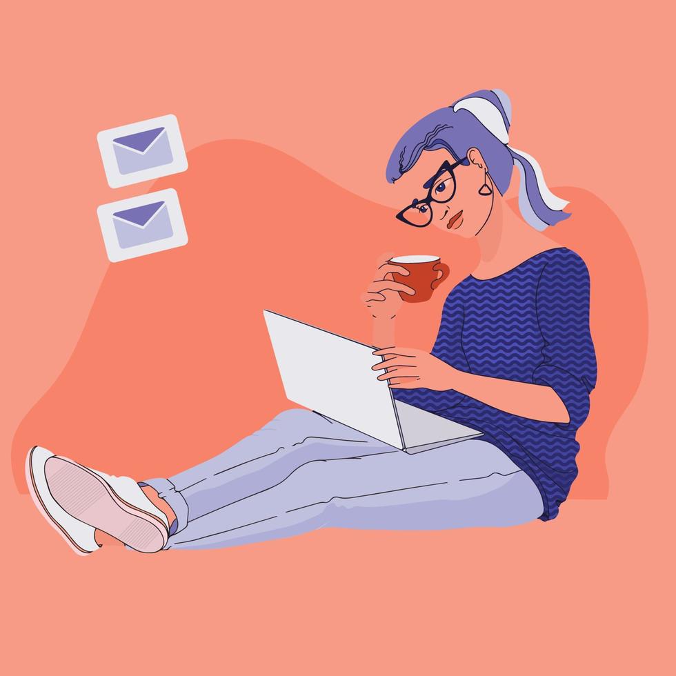 The young woman holding a laptop and cup. Vector illustration.