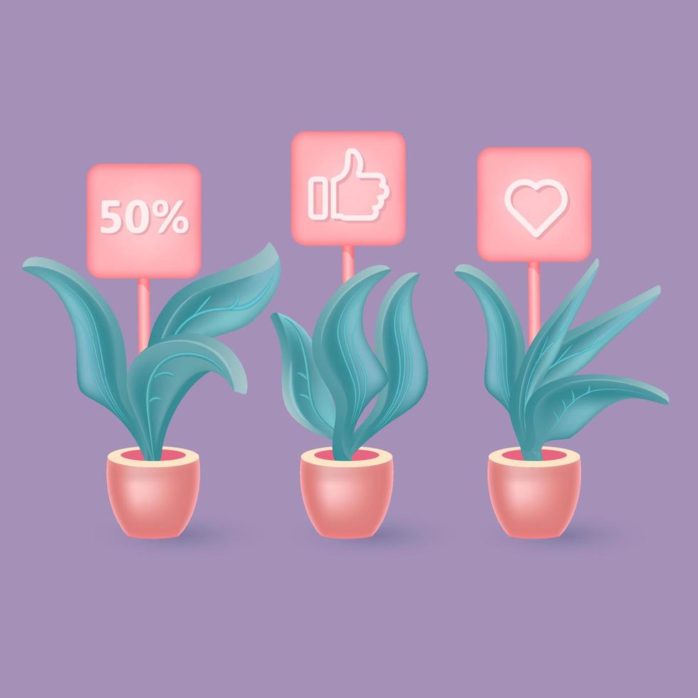 3D plants in pots with shopping signs. Cartoon vector Illustrations.