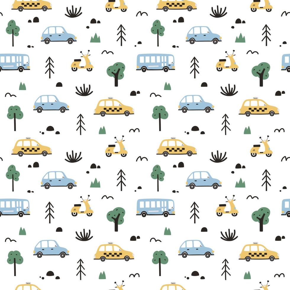 Seamless pattern with cartoon style cars and plants. Design for baby and kid clothes, textile, wrapping paper vector