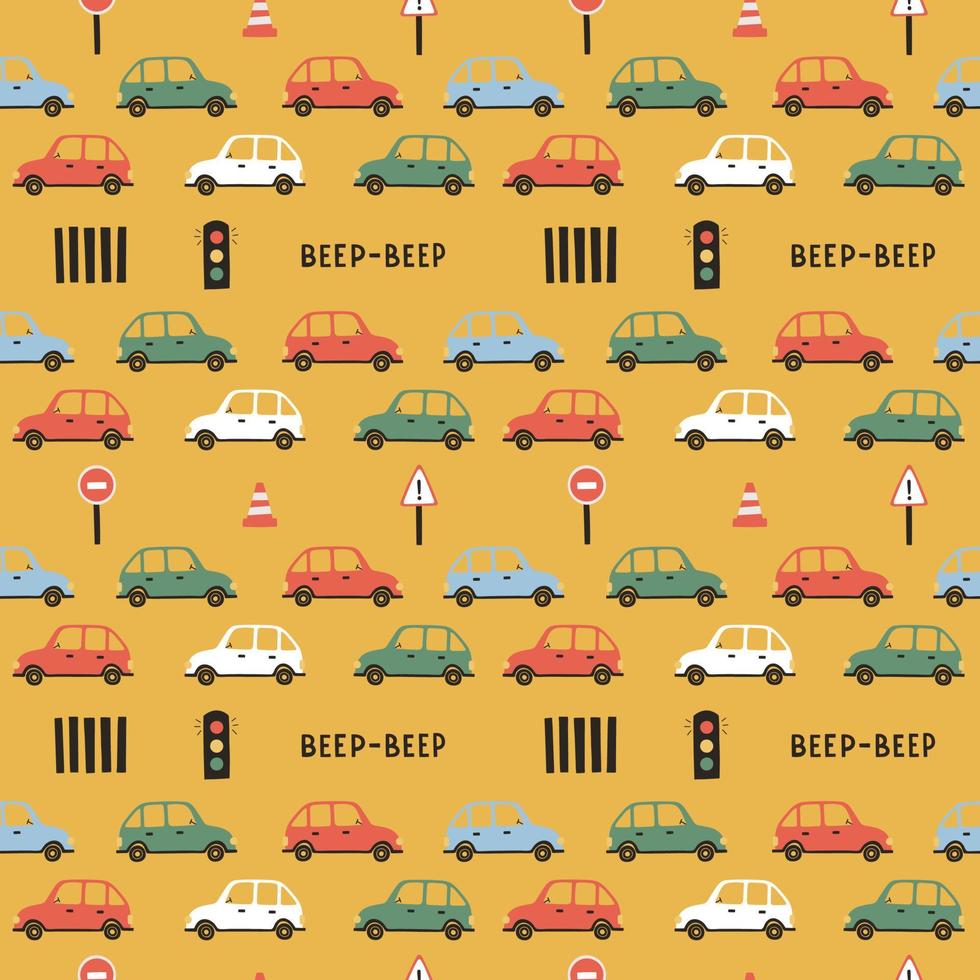 Seamless pattern with colorful cars, traffic elements and lettering on bright yellow background. Cute design for baby and kid clothes, textile, wrapping paper vector