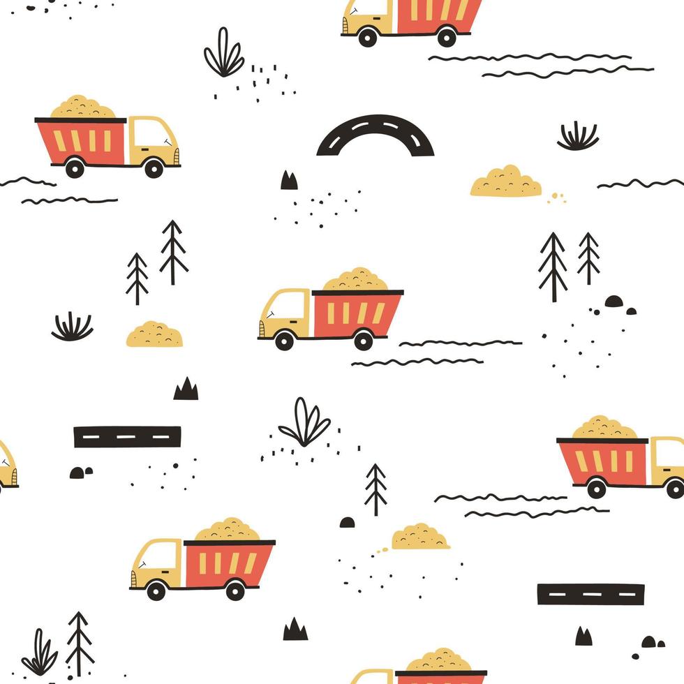 Simple seamless pattern with truck and plants. Scandinavian style design for baby and kid clothes, textile, wrapping paper vector