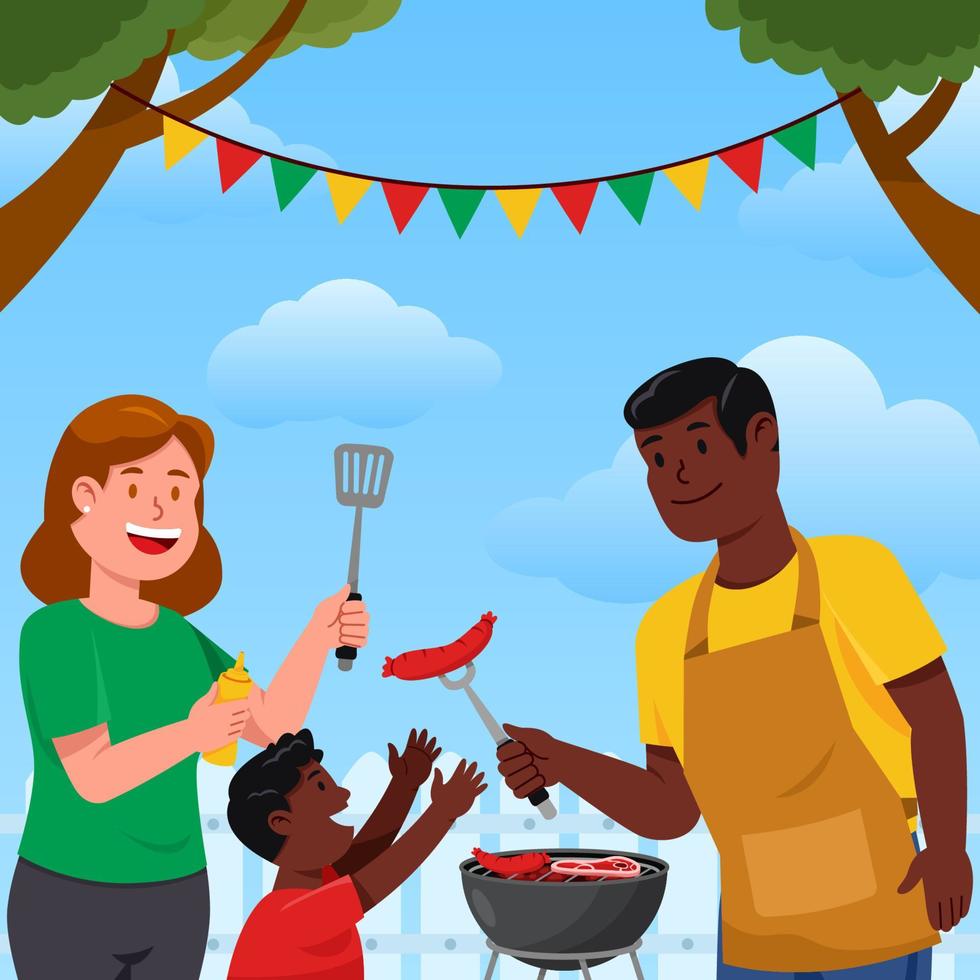 familia interracial en fiesta de barbacoa vector