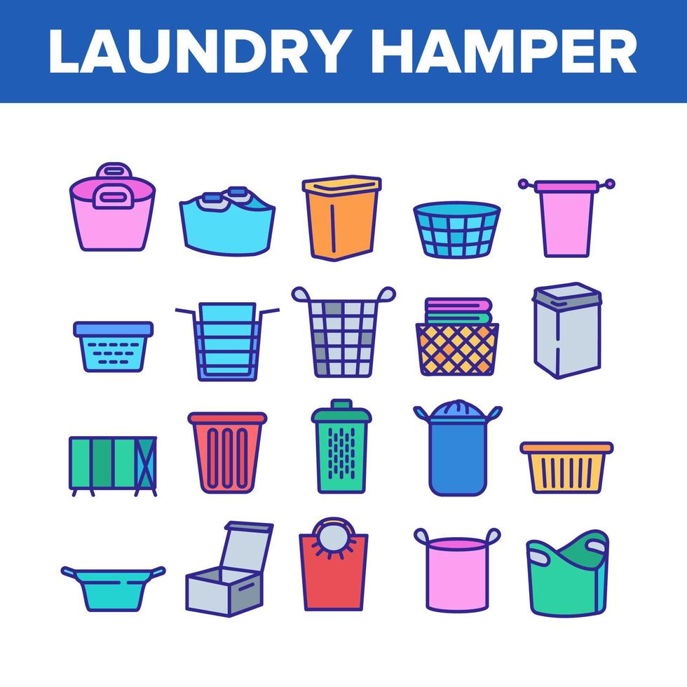 Laundry Hamper Basket Collection Icons Set Vector