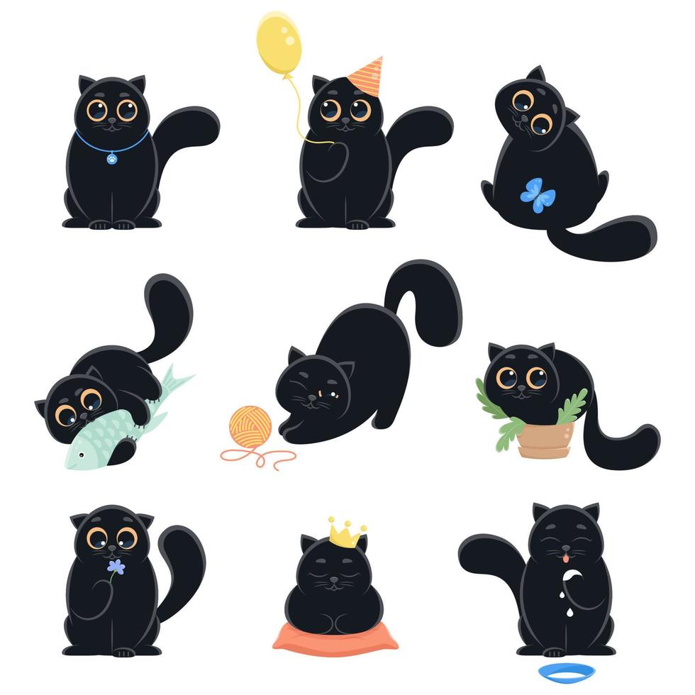 conjunto de vectores de lindo personaje de dibujos animados gato negro