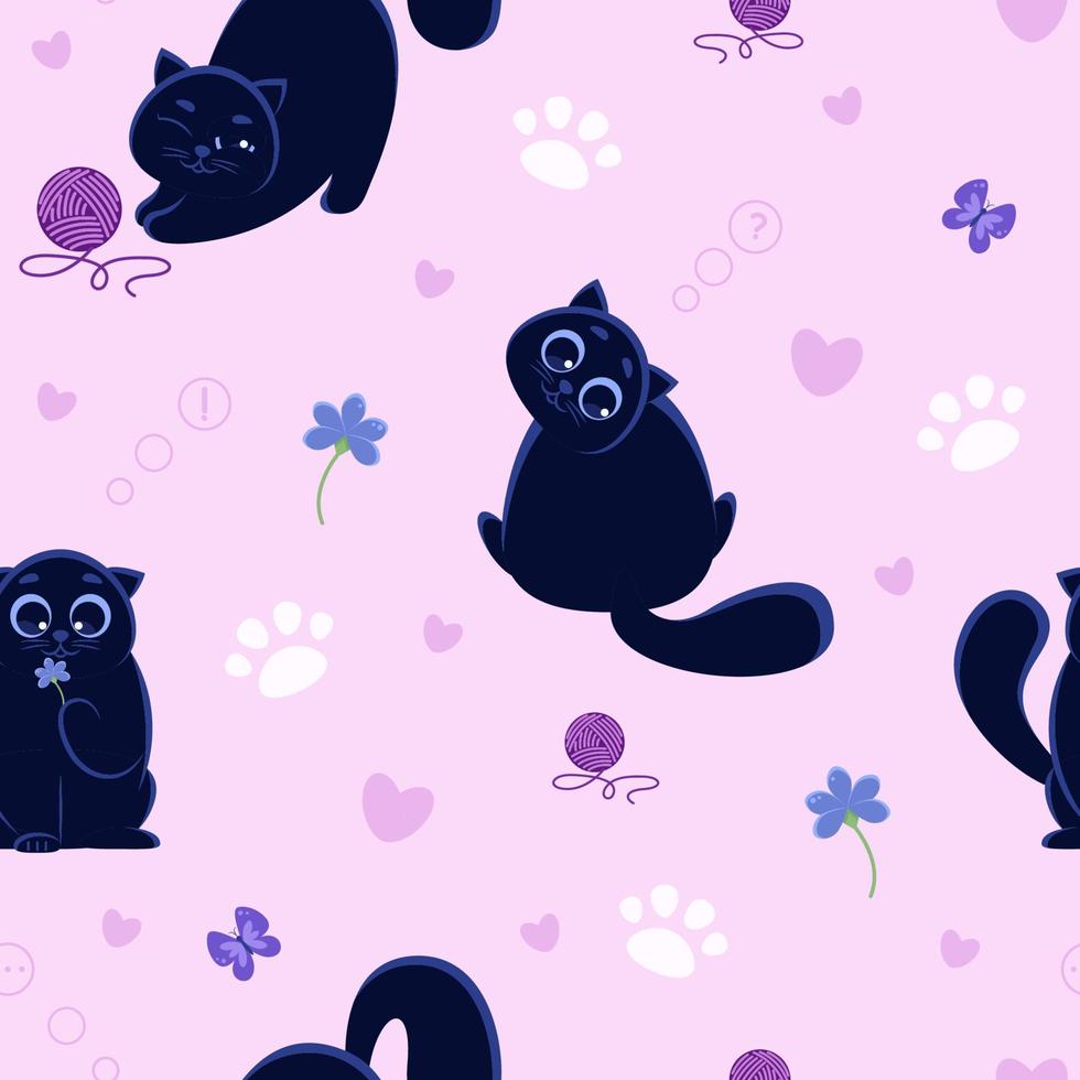 seamless pattern black cat on a pink background vector