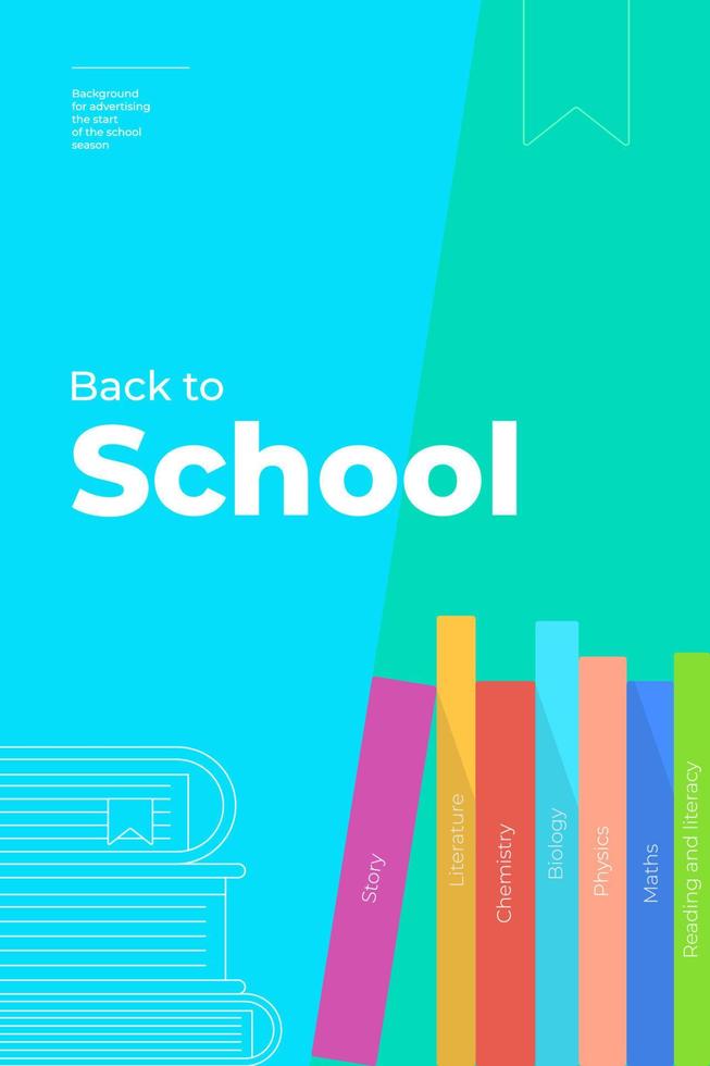 Back to school minimal trendy vertical poster with book and text. Season educational advertising background blue color creative flyer design. Flat simple minimalistic vector eps banner