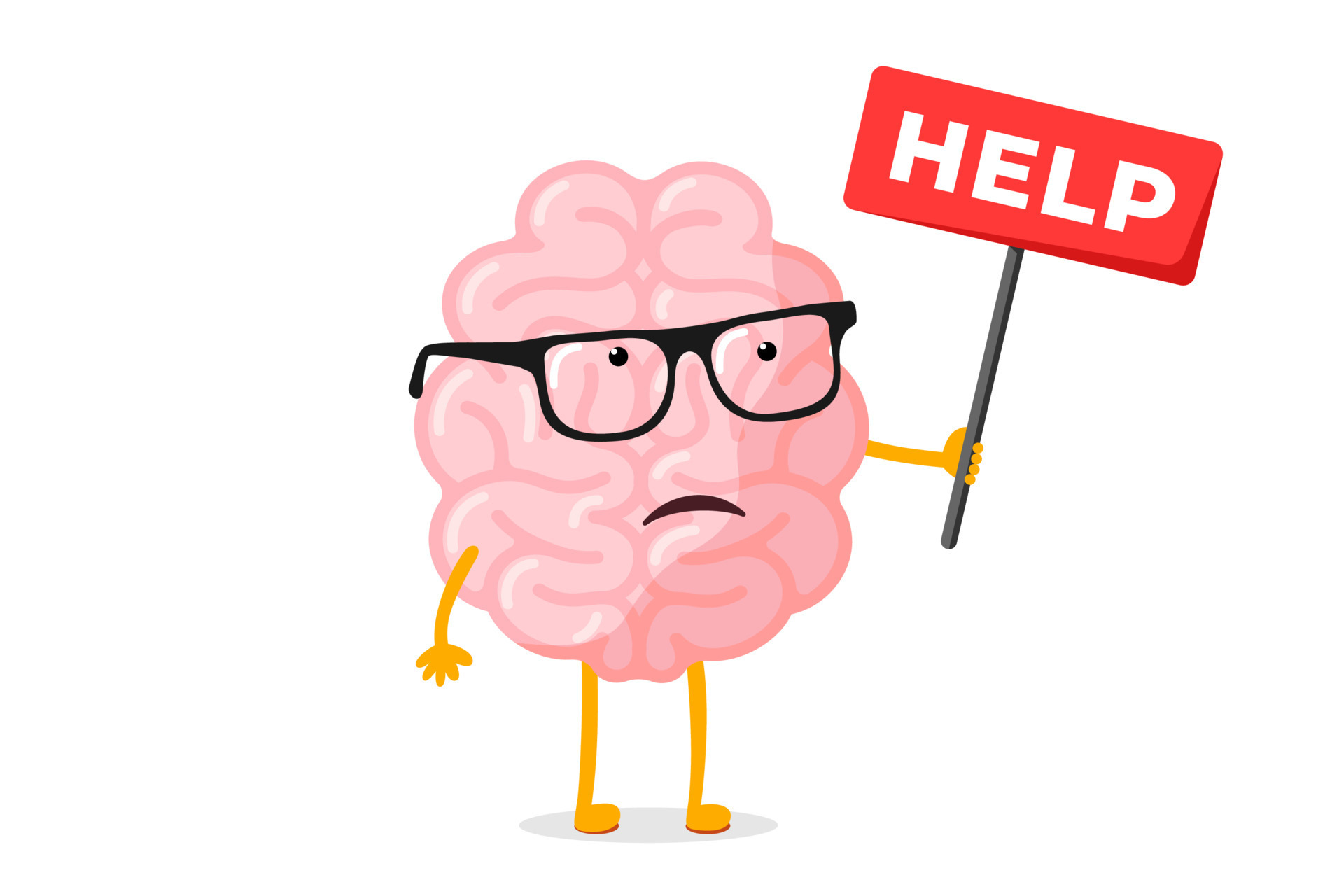 Cartoon sad human brain holding placard with word Help. Unhappy central nervous  system mascot with glasses need aid. Human mind organ character has problem  and asks assistance. Vector eps illustration 9923504 Vector