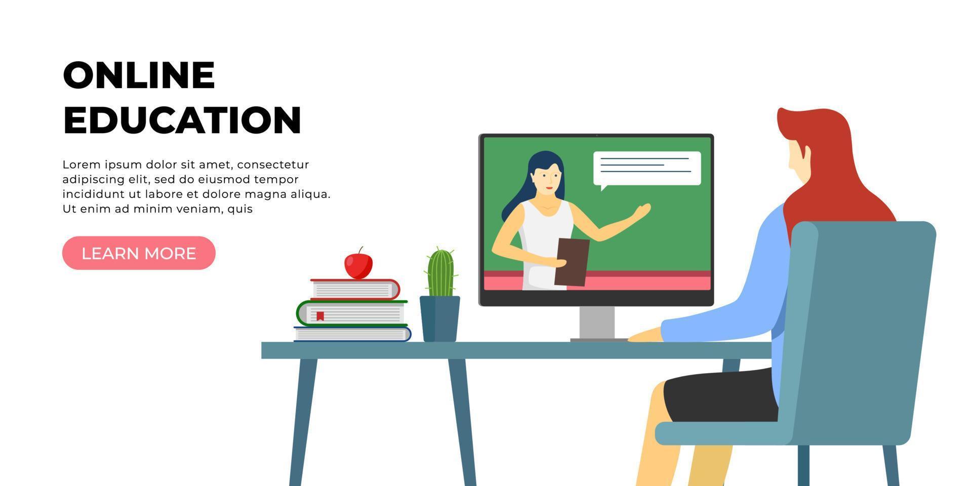 Student woman remote learning and online education at home. E-learning website with girl sitting at desk with books and studying on computer. Internet teacher landing page concept. Vector illustration